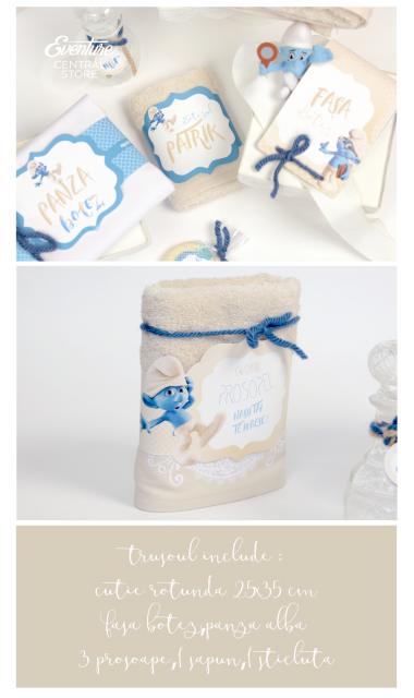 Trusou de botez cu broderie personalizata pentru baieti, Strumfii veseli 1